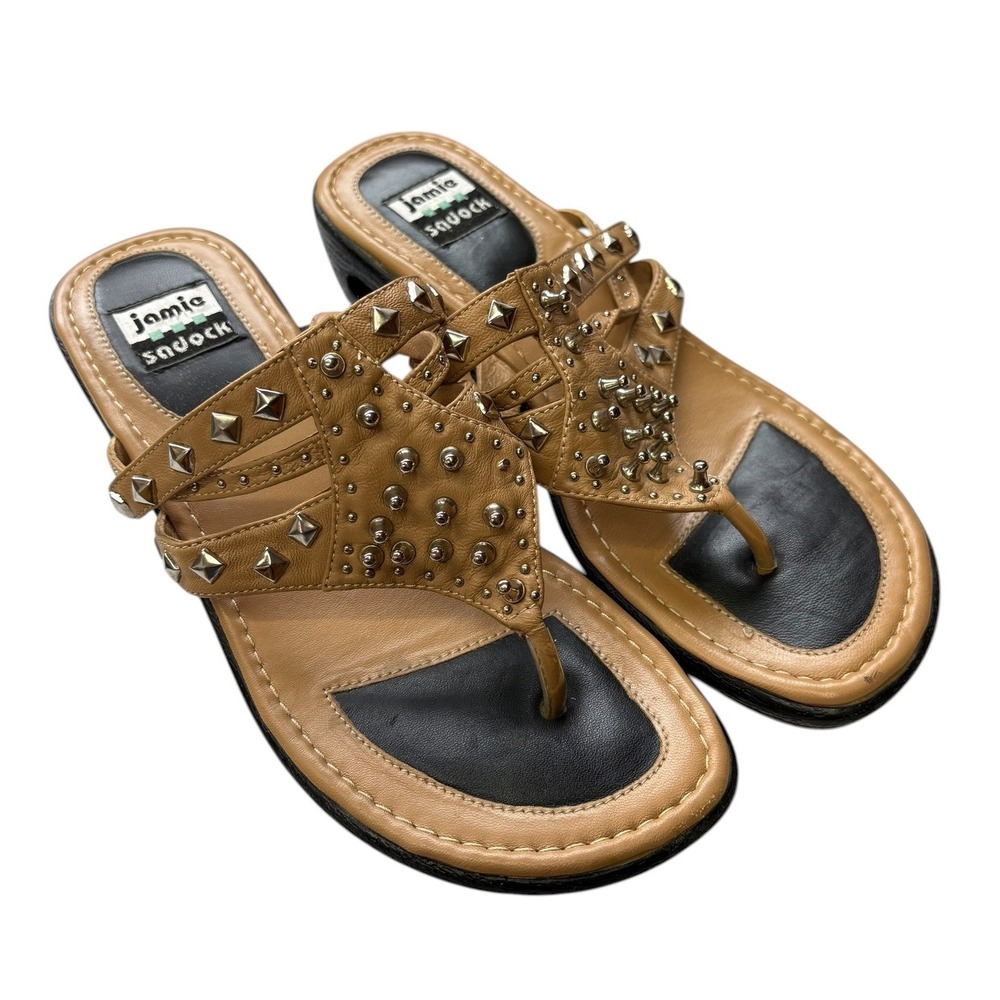 Jamie Sadock Studded Leather Flip Flop Sandals Brown Embellished Boho Summer 8